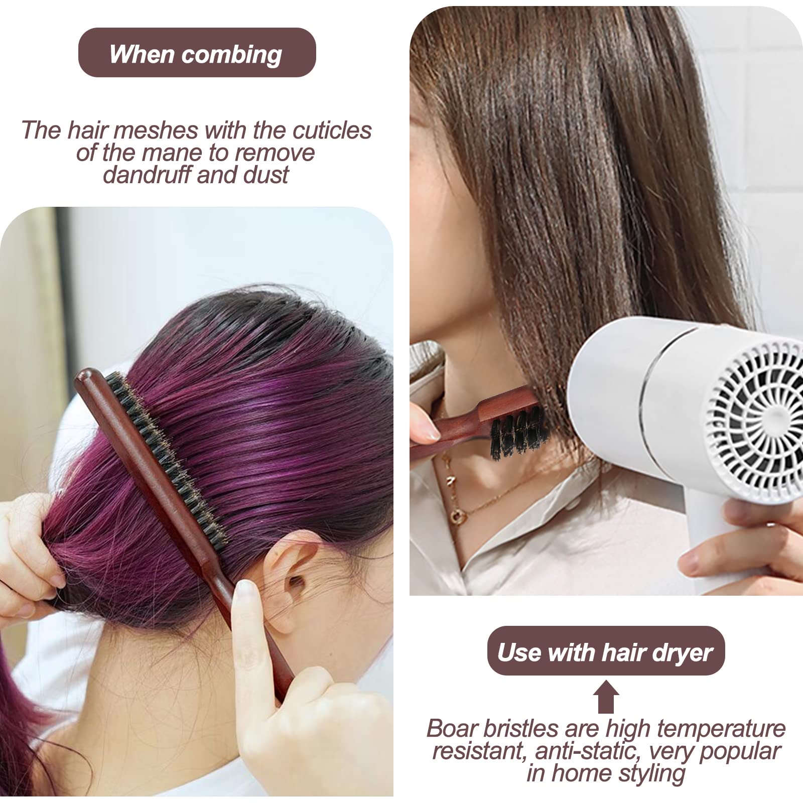 Sularpek Cepillo Para el Cabello de Jabalí, Peine de Salón para Moño, Coletas, para Cabello Largo, Ondulado, Seco o Dañado, Reduciendo la Rotura