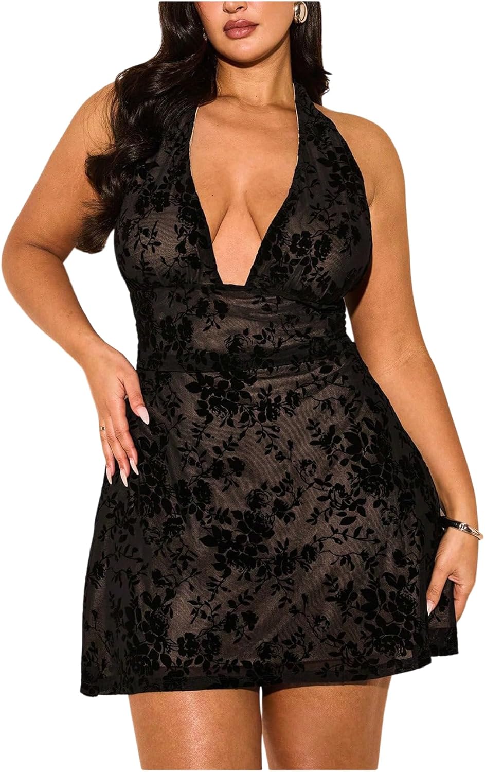 Floerns Women's Plus Size Floral Lace Halter Dress Sleeveless Tie Open Back Night Out Dresses