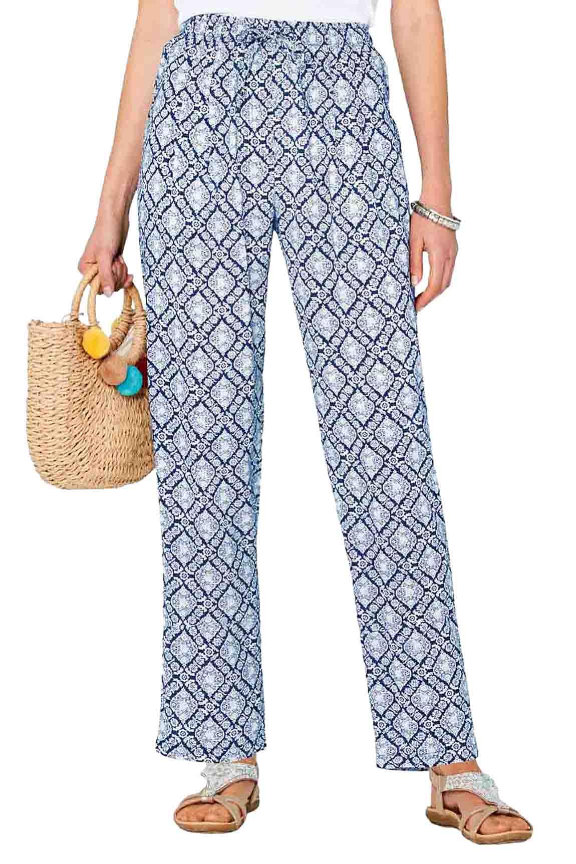 Amber Ladies Viscose Print Trousers with Elasticated Drawcord Waist Navy White Print 22