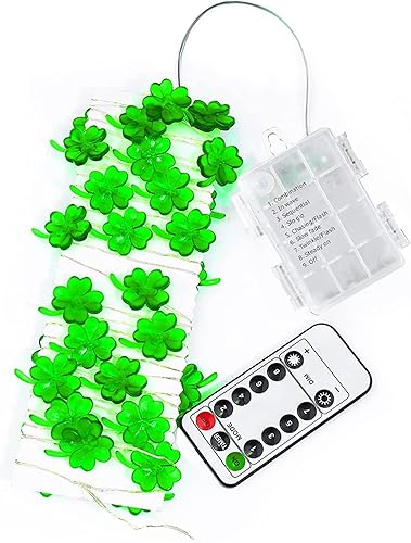 Miniatura 6 de Luces del día de San Patricio, guirnalda de luces de trébol, funciona con pilas, 13 pies, 40 LED, 8 modos con control remoto, trébol de la suerte,