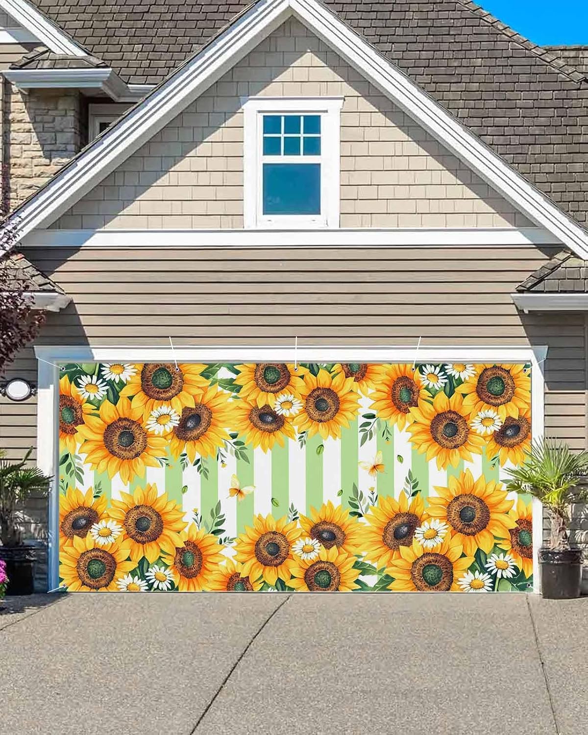 Yellow Spring Sunflowers Garage Door Banner Cover, Hanging Garage Door Decorations, Light Green Striped Country Holiday Garage Door Covers Backdrop for Party Indoor Outdoor Wall Decor 7x8Ft