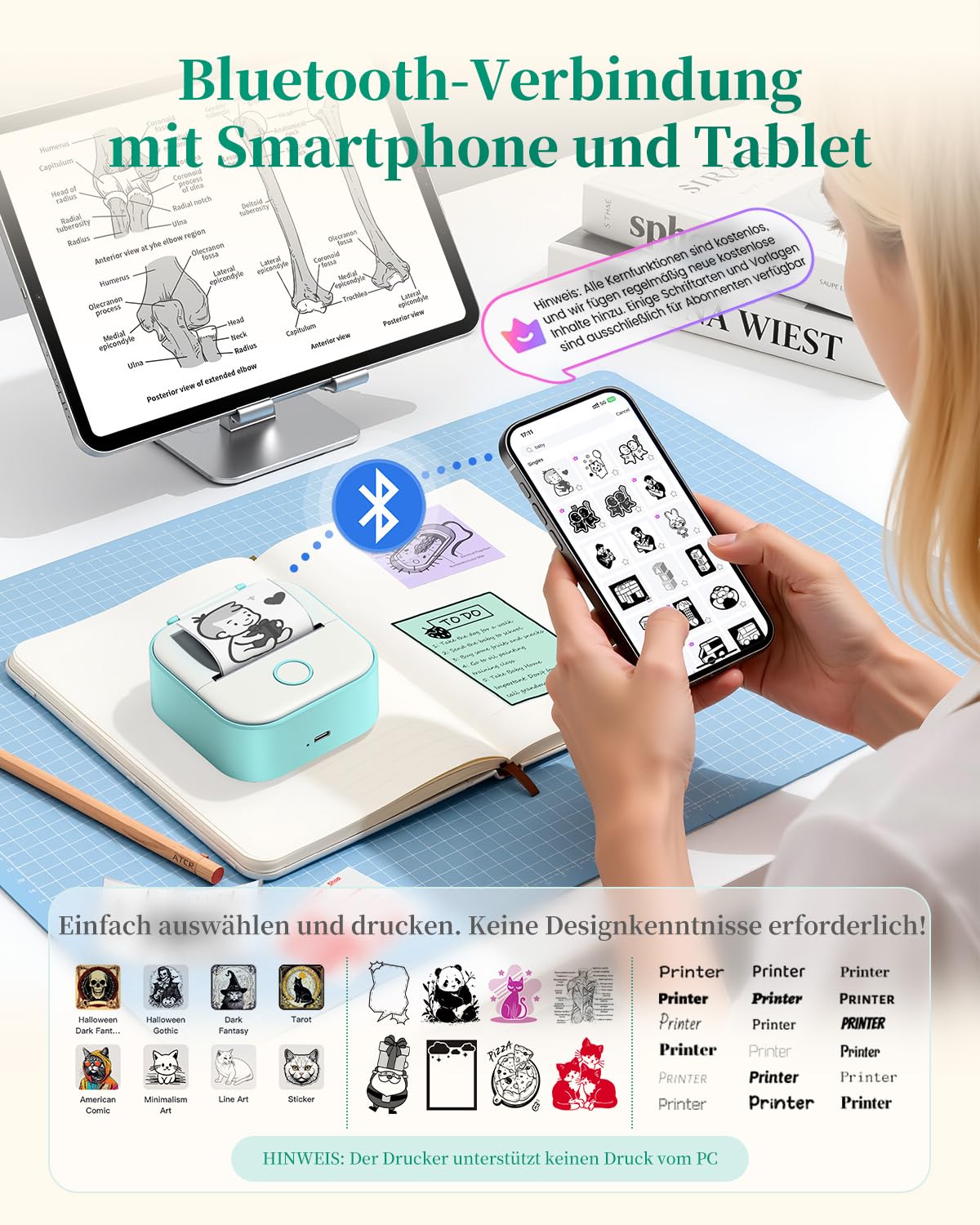 Mini Drucker T02 Mini Drucker für Smartphone Fotodrucker Mini Thermodrucker | Bluetooth Etikettendrucker Minidrucker Aufkleber Drucker für Geschenke, Studiennotizen, Anatomische Diagramme, Fotos