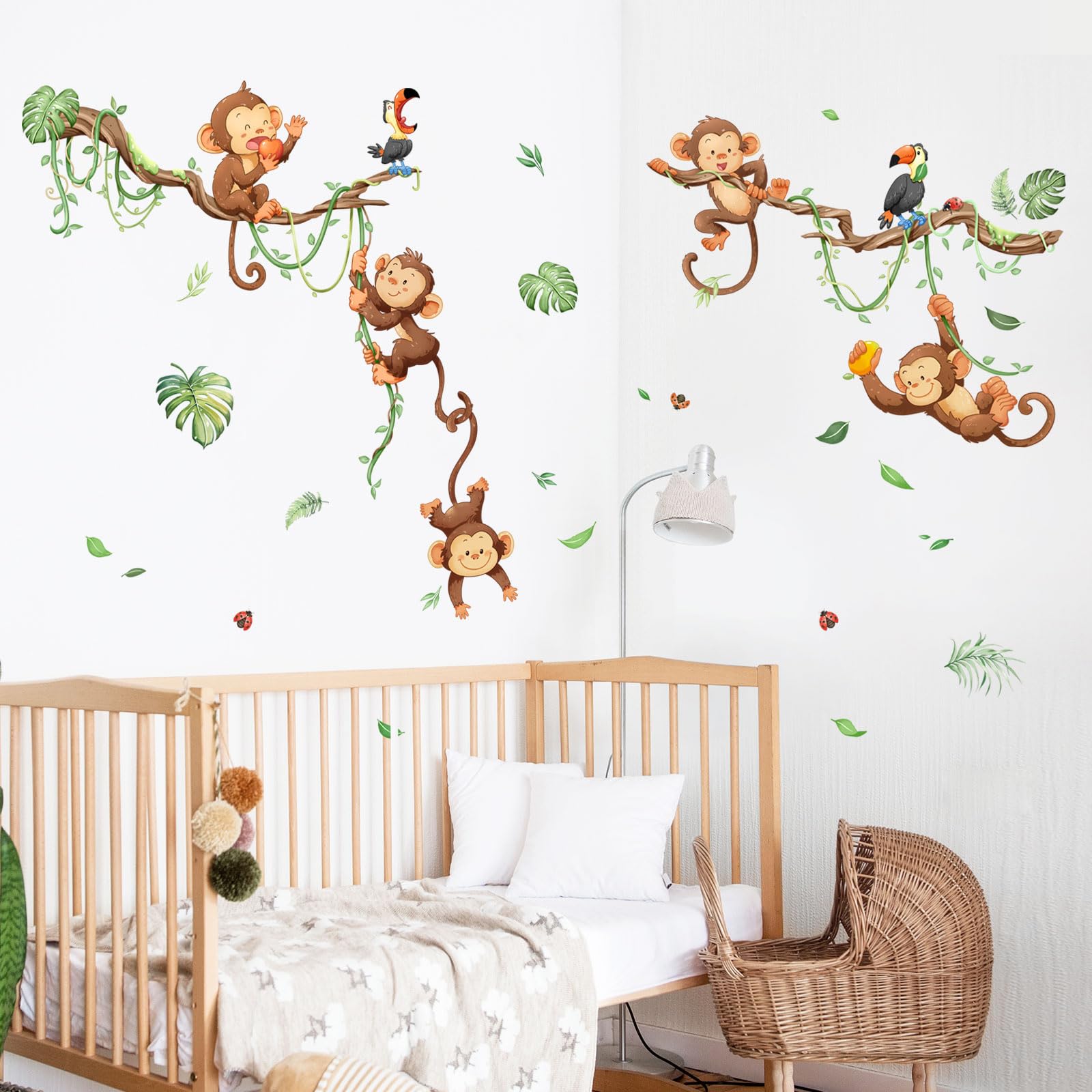 Monkey Climbing Tree Wall Decals Wall Decals Jungle Animals Vine Leaves Wall  Stickers Baby Nursery Kids Room Living Room Bedroom Toddler Room Wall Decor  – BigaMart, image size:1600x1600