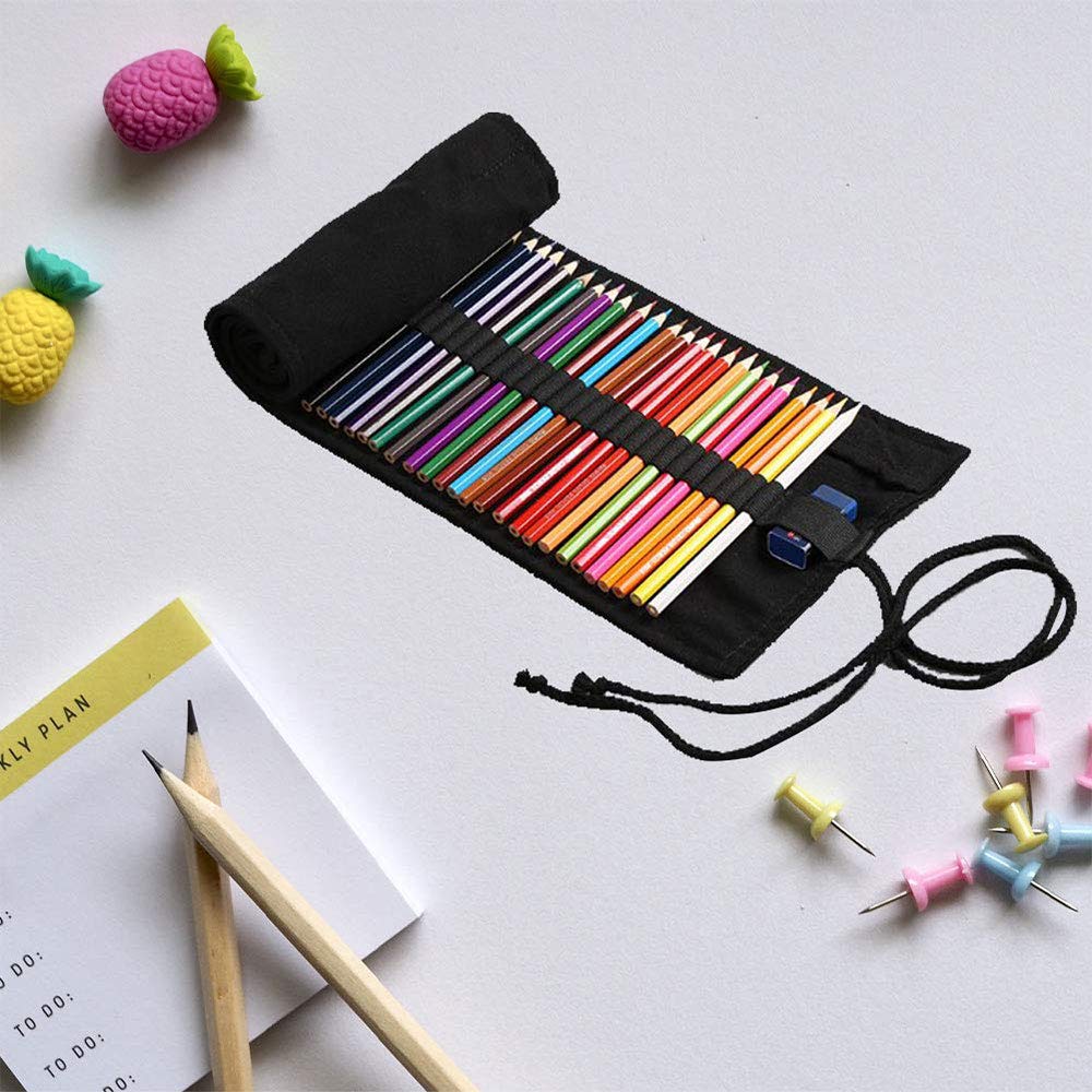 Estuche enrollable de tela negro con 12-72 agujeros para lápices, bolígrafos o pinceles, regalo ideal para estudiantes y adultos