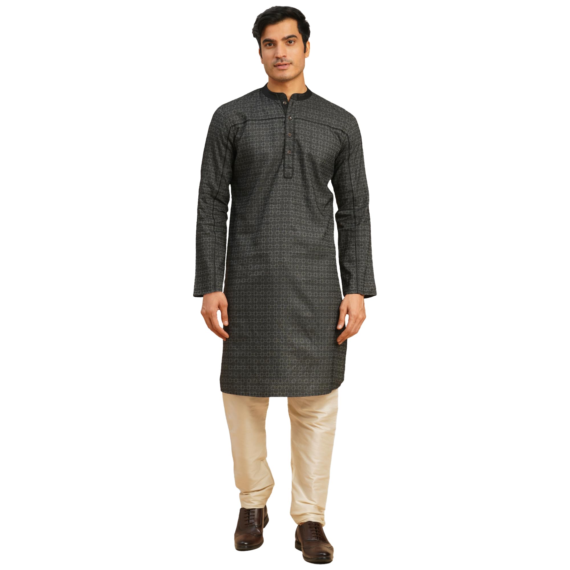 Men’s Black Polycotton Full Sleeve Banarasi Long Kurta | Regular Fit Weaved Pattern | Mandarin Collar & Button Closure | Knee Length-image-8