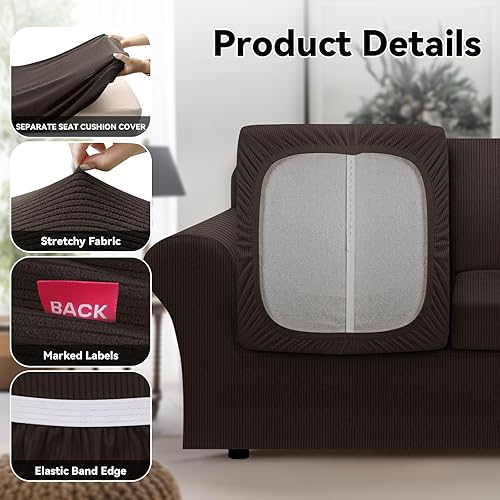 Miniatura 5 de Funda para sofá extragrande 100% impermeable, 4 piezas, a rayas, para sofá de 3 cojines, con parte inferior de poliuretano termoplástico a prueba de