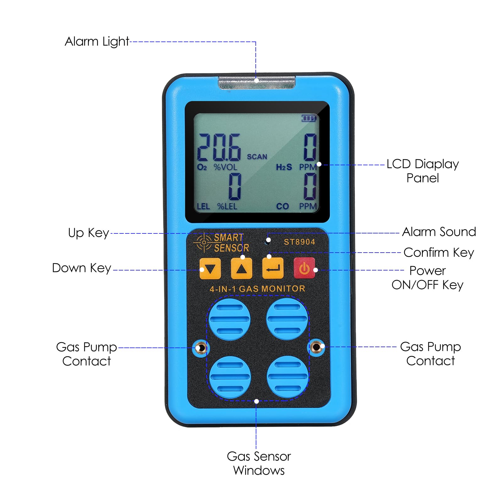 Sensor Inteligente 4 en 1 Monitor de Gas, Detector de Gas portátil Recargable, H₂S O₂ Co y Monitor de Gas Lel
