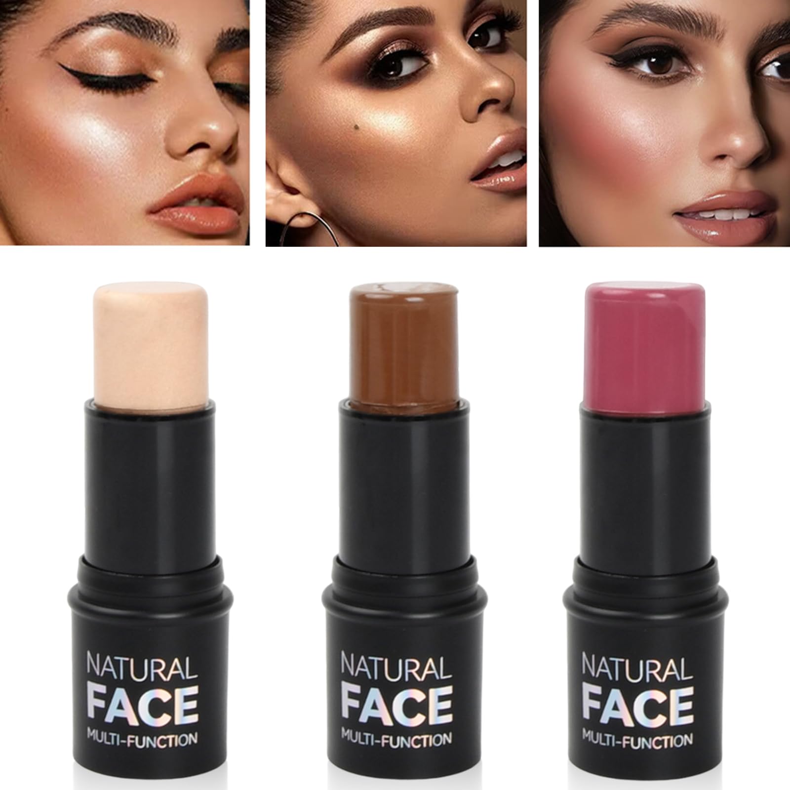 3 Pezzi Contouring Viso Stick, Leggero Contour Highlighter Blush Trucco Versatile Set, Lunga Durata Liscio Crema Stick per Contorno Fard Illuminante, Modella Facilmente il Viso per Guance Occhi