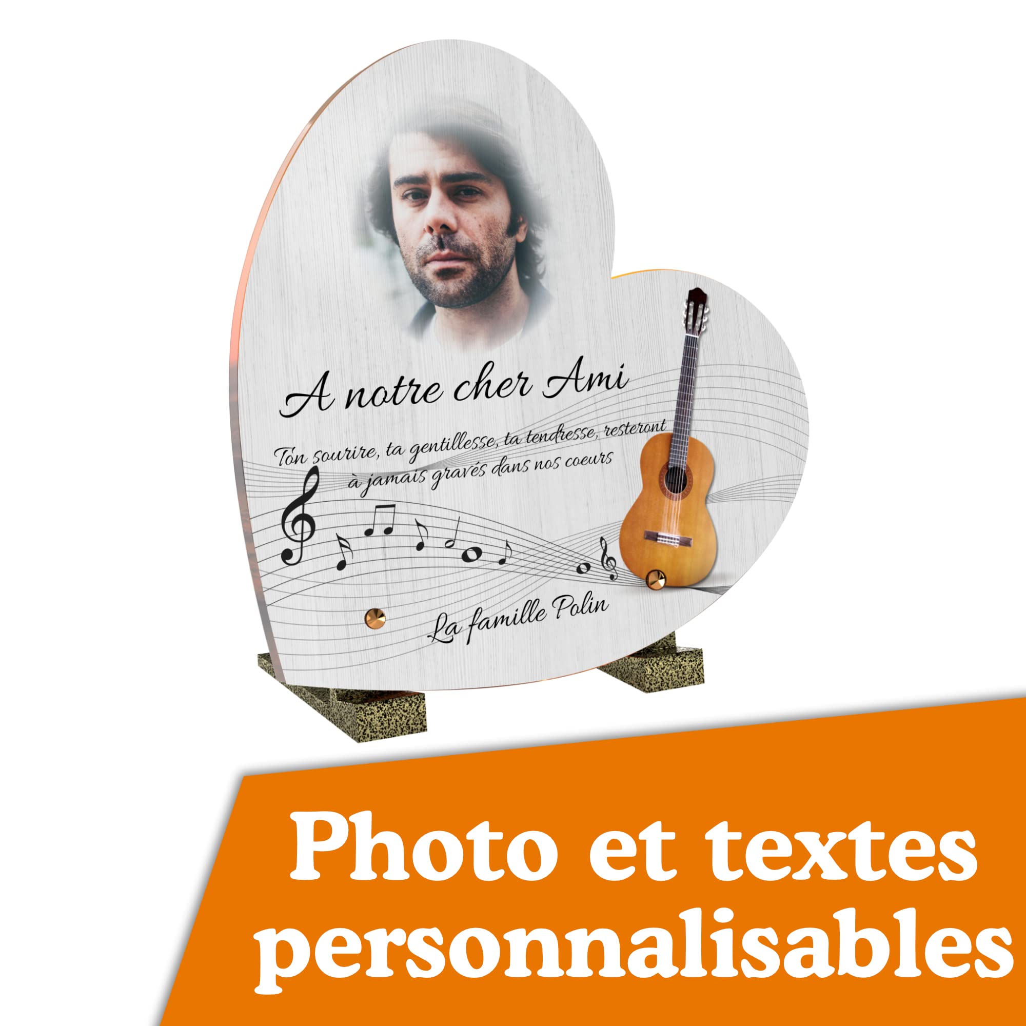 Plaque Funéraire Personnalisée Coeur musique - Plaque Funéraire personnalisable avec photo sans inter funéraire - Résiste aux Intempéries et Traitée Anti UV (Guitare, 21x21 cm (petit))