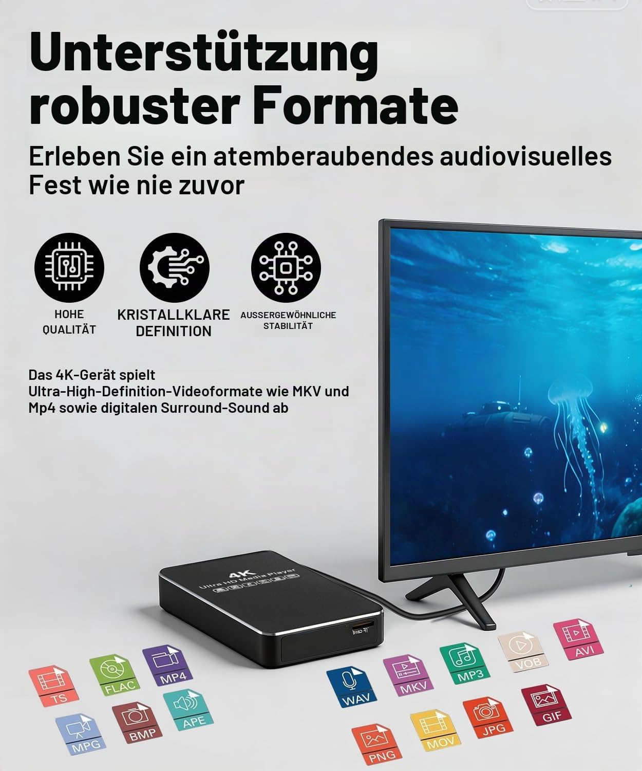 ZUMKUNM 4K@60Hz Offline Media Player mit 2,5-Zoll SATA HDD/SSD-Gehäuse, Digital Signage Player mit Autoplay, Endlosschleife und Resume-Funktion, USB, microSD, HDMI/AV