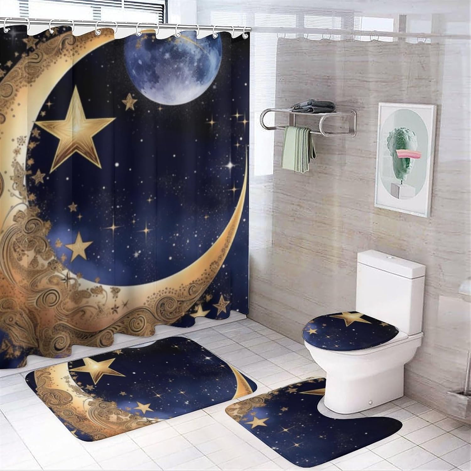 4 Pcs Bathroom Shower Curtain Set,Bathroom Sets with Rugs (Bath Mat,U Shape and Toilet Lid Cover Mat), Moon Star Bathroom Decor Set