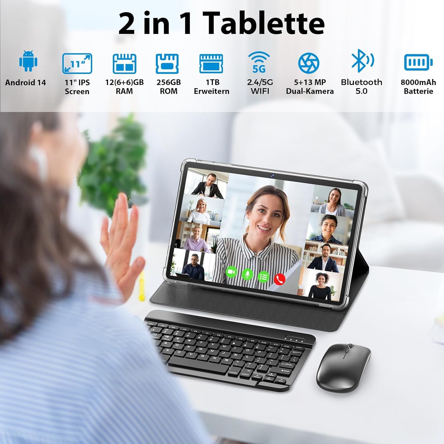 User using the JJGJ tablet with keyboard and mouse for a video conference, demonstrating its 2-in-1 functionality.