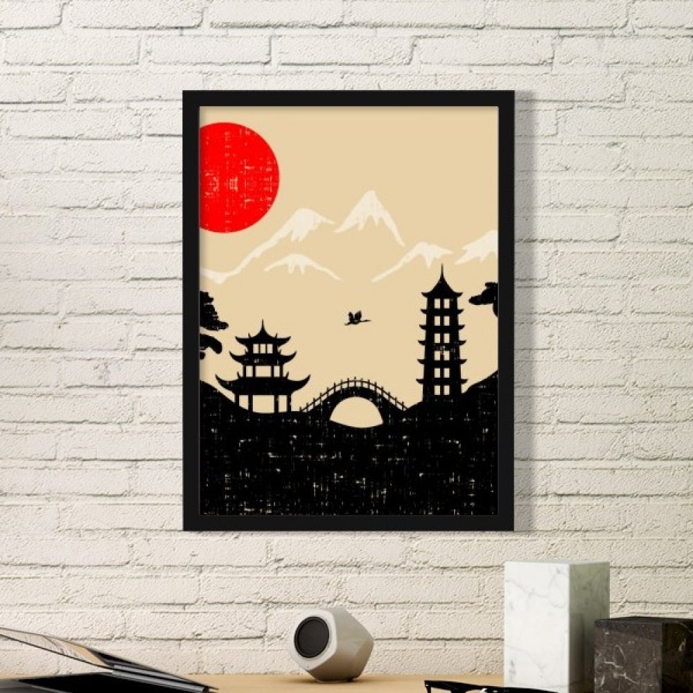 Cadre photo Noir motif Architecture Japon et Mont Fuji au style épuré