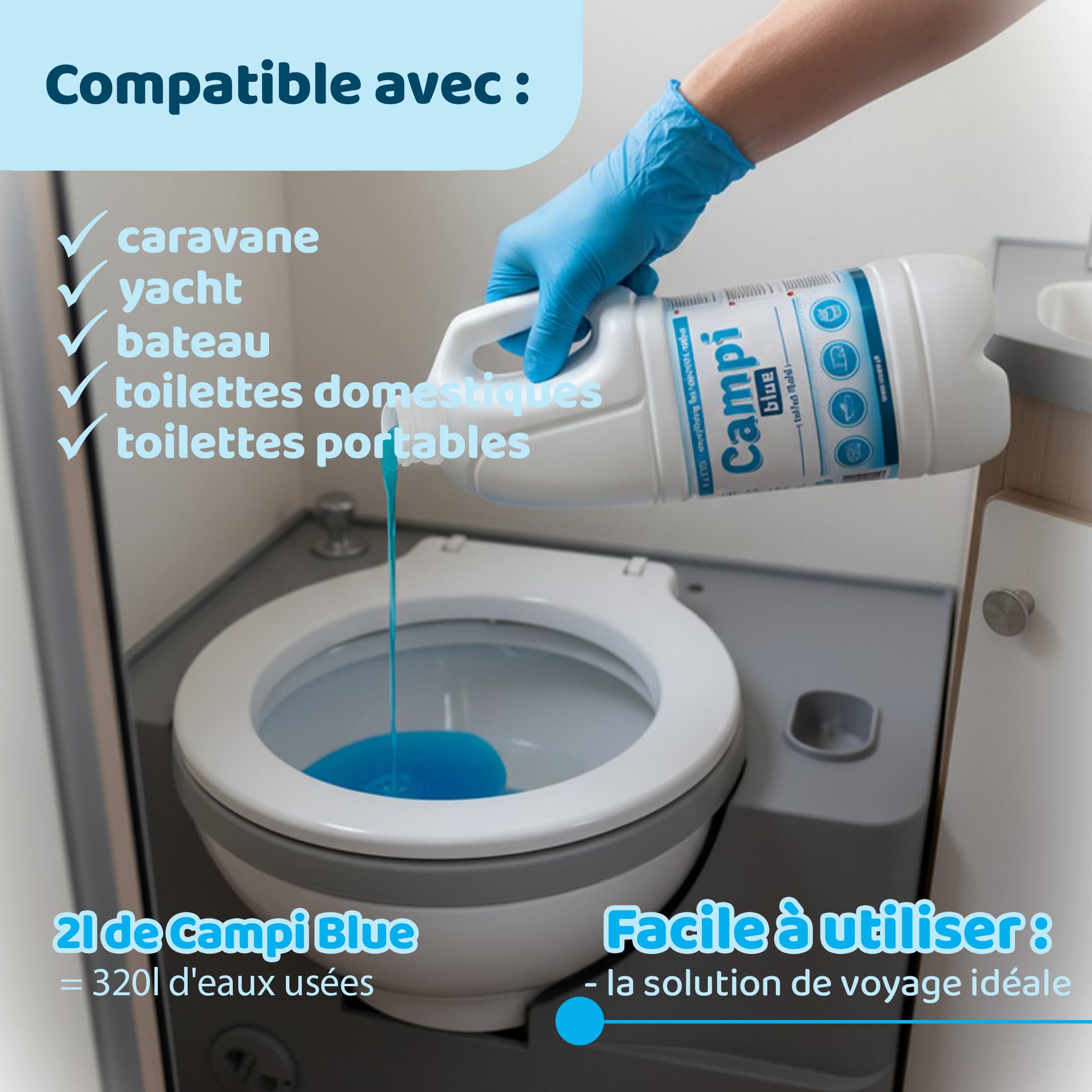 CAMPI Blue 5L – Liquide sanitaire & additif pour toilettes de camping – Produit chimique WC pour toilettes – Pour réservoir d’eaux usées de caravane et camping-car