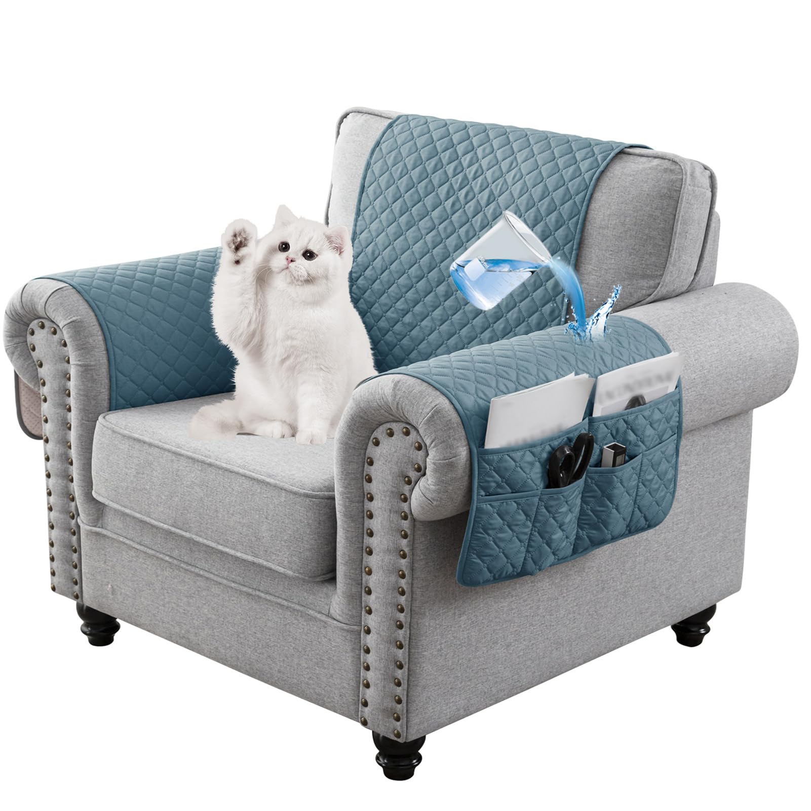 Waterproof Sofa Armrest Cover 1 2 3 Seater Headrest Cover for Recliner Nonslip Quilted Chair Arm Cover, Armchair Slipcover Furniture Protector for Pets Leather Sofa Couch (Gray Blue,2-Seater(4PCS))