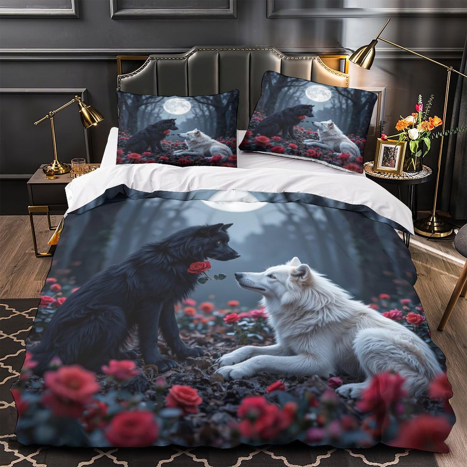 Linge de lit lion monochrome pour chambre de couple amoureux housse de couette cosy 200x200