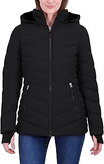 Sponsored Ad - HFX womens Mid-weight Puffer Jacket – Stretch Fabric Winter Coat, Faux Fur Hood Lining, Thumbhole Cuffs