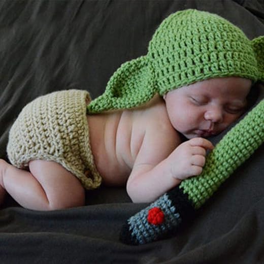 MOVKZACV Baby-Yoda-Kostüm, Neugeborenen-Fotografie-Requisiten, gehäkeltes Strick-Outfit-Set, Yoda-Hut und Windelüberzug, Geburtstagsgeschenk, Cartoon-Kleidung