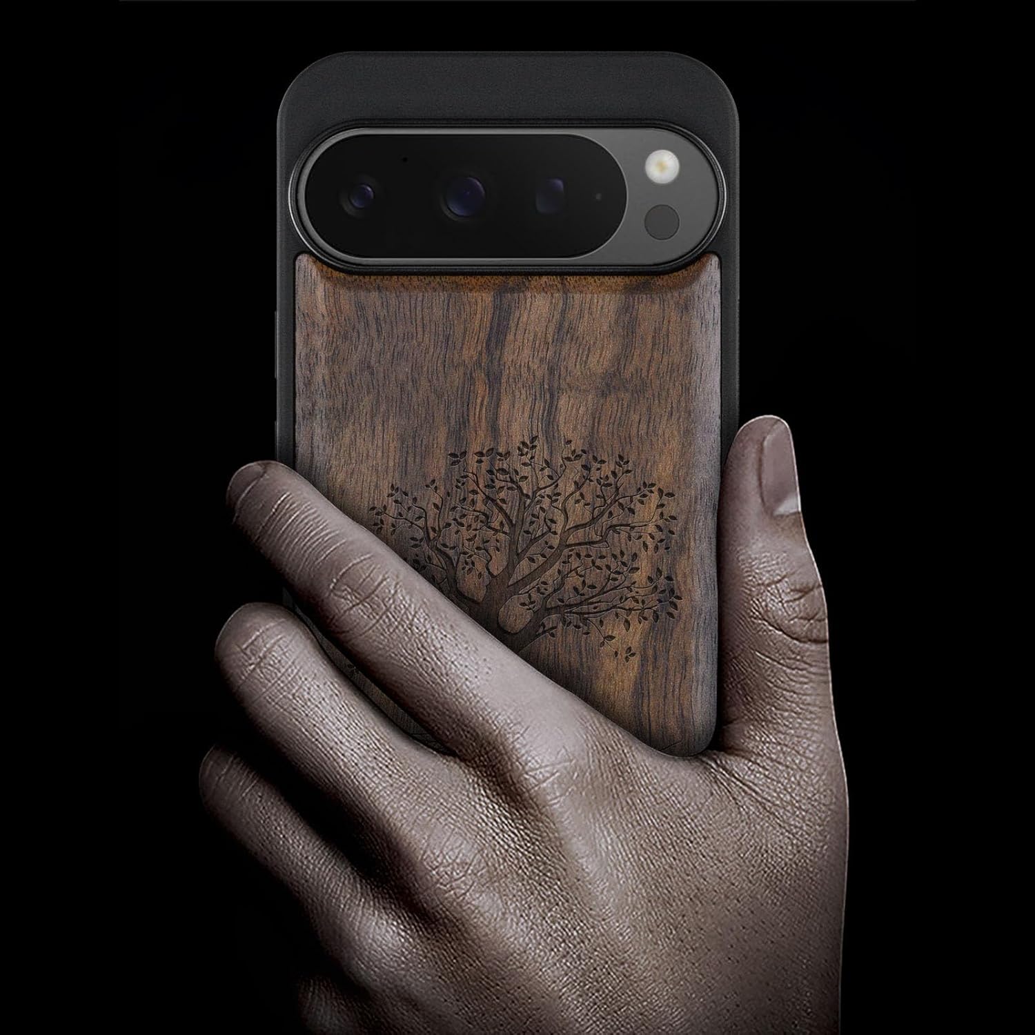 Carveit Magnetic Wooden Case for Google Pixel 9 Pro XL Case, Wood Artisan Engraved & Soft TPU Shockproof Cover, Compatible with MagSafe Wireless Chargers (The Yin Yang Tree) Walnut