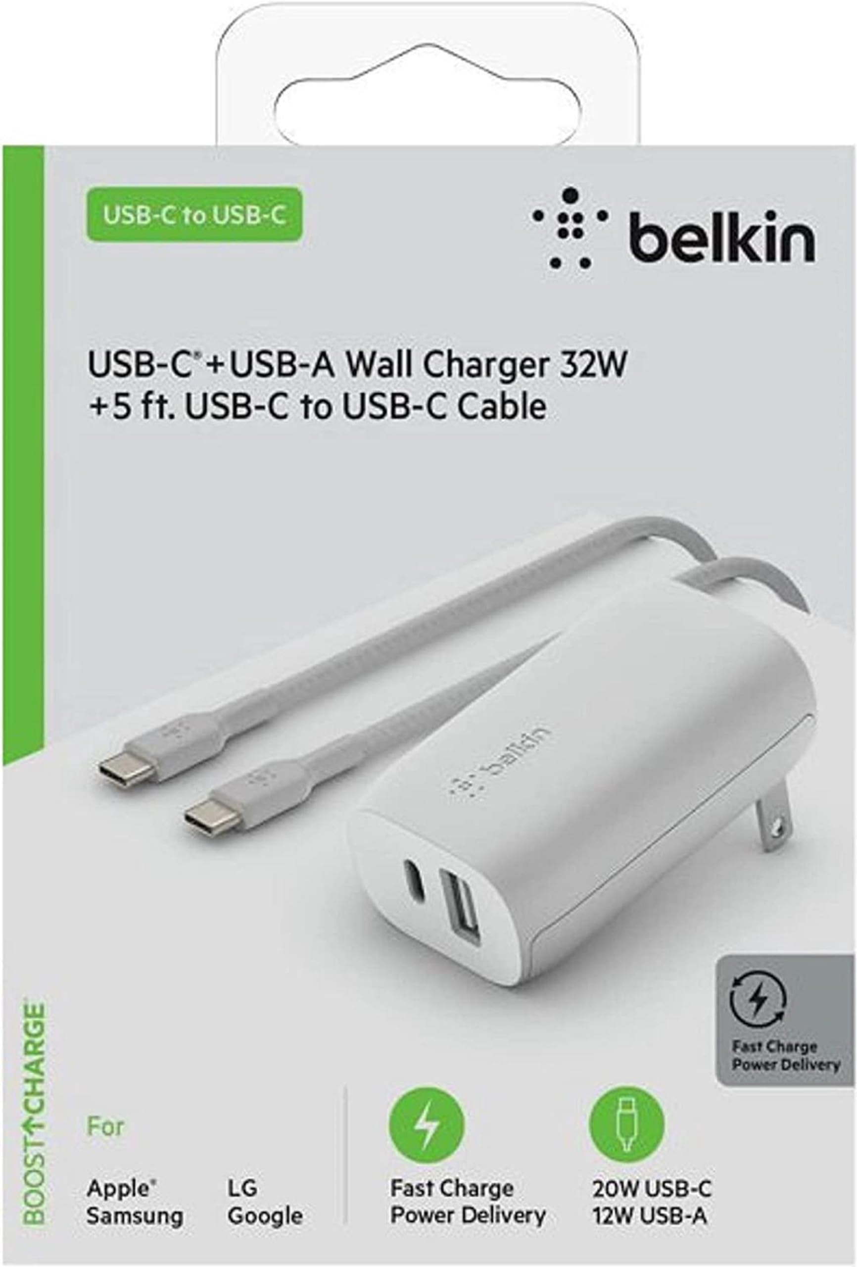 Belkin Cargador de Pared USB C de 32 W con Cable C a C Incluido - PD con Puerto USB C de 20 W y Puerto USB A de 12 W para Entrega de Alimentación