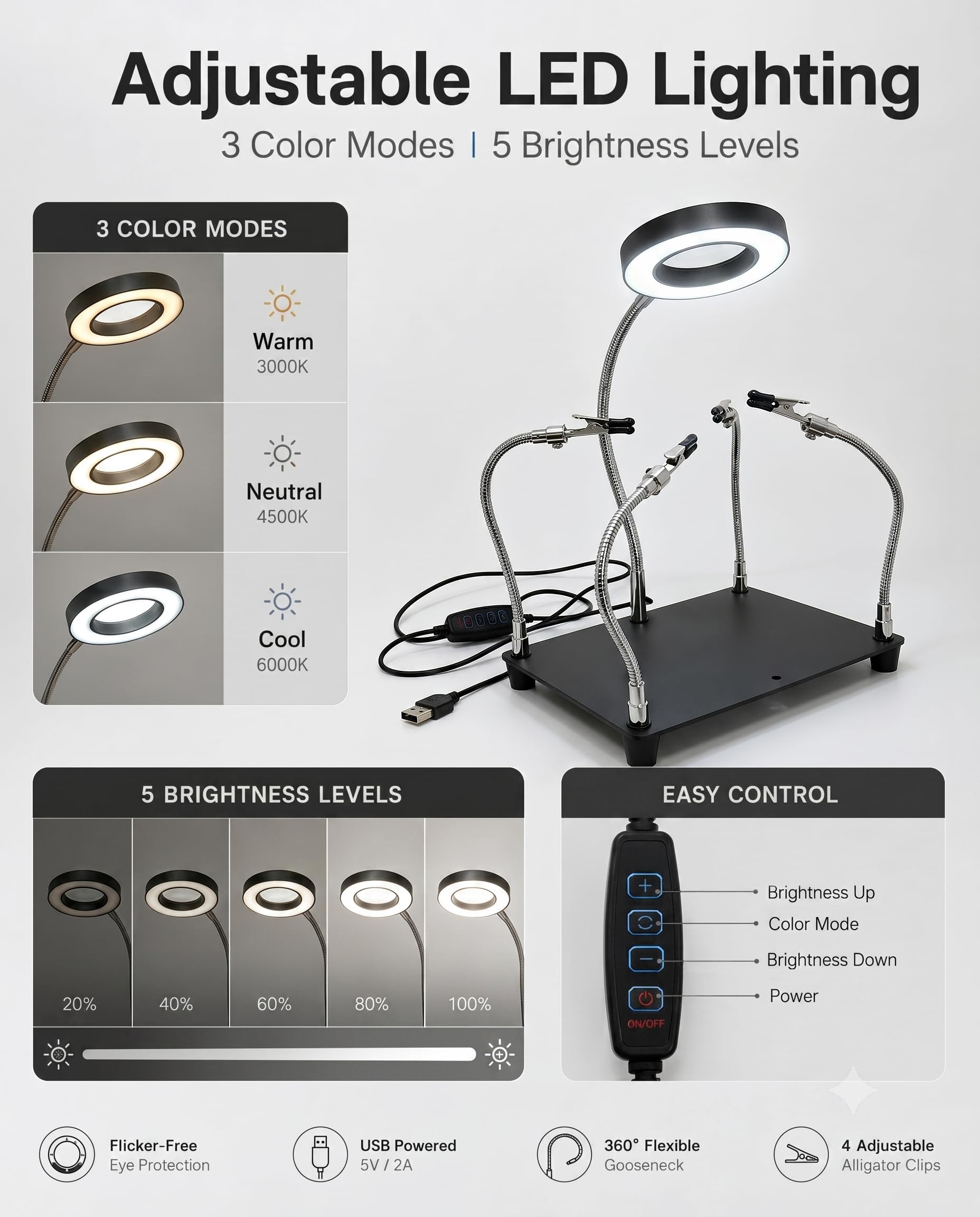 Kaisiking Helping Hands - Stazione di saldatura con lente d'ingrandimento 5X e 3 modalità di colore LED ad anello, 4 bracci flessibili, base in metallo pesante, supporto PCB per riparazioni