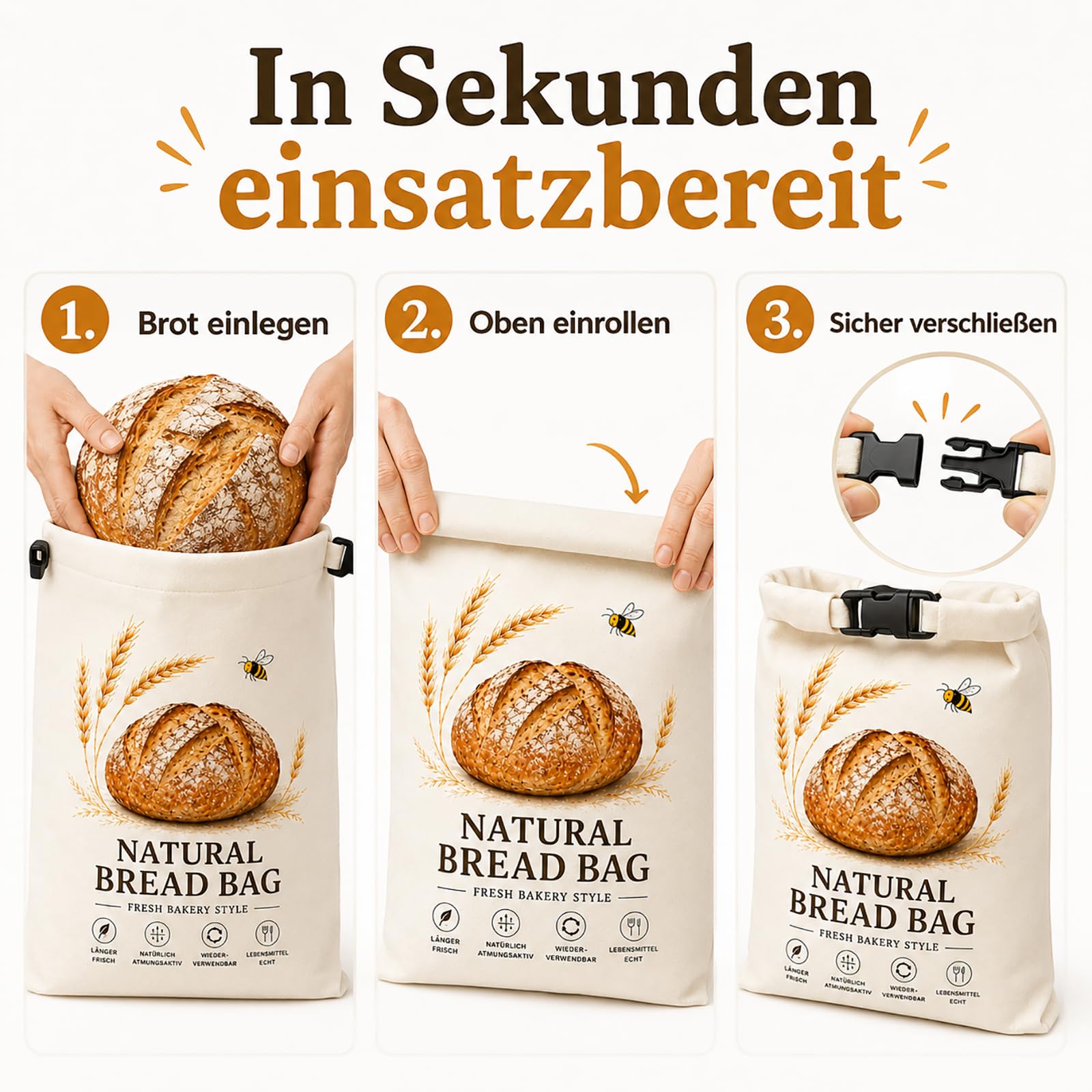 2 sacchetti per il pane in cera d'api, 42 x 33 cm, riutilizzabili, in cotone e TPU, con chiusura a clip, per pane, toast, baguette, panini, croissant, bagel e prodotti da forno
