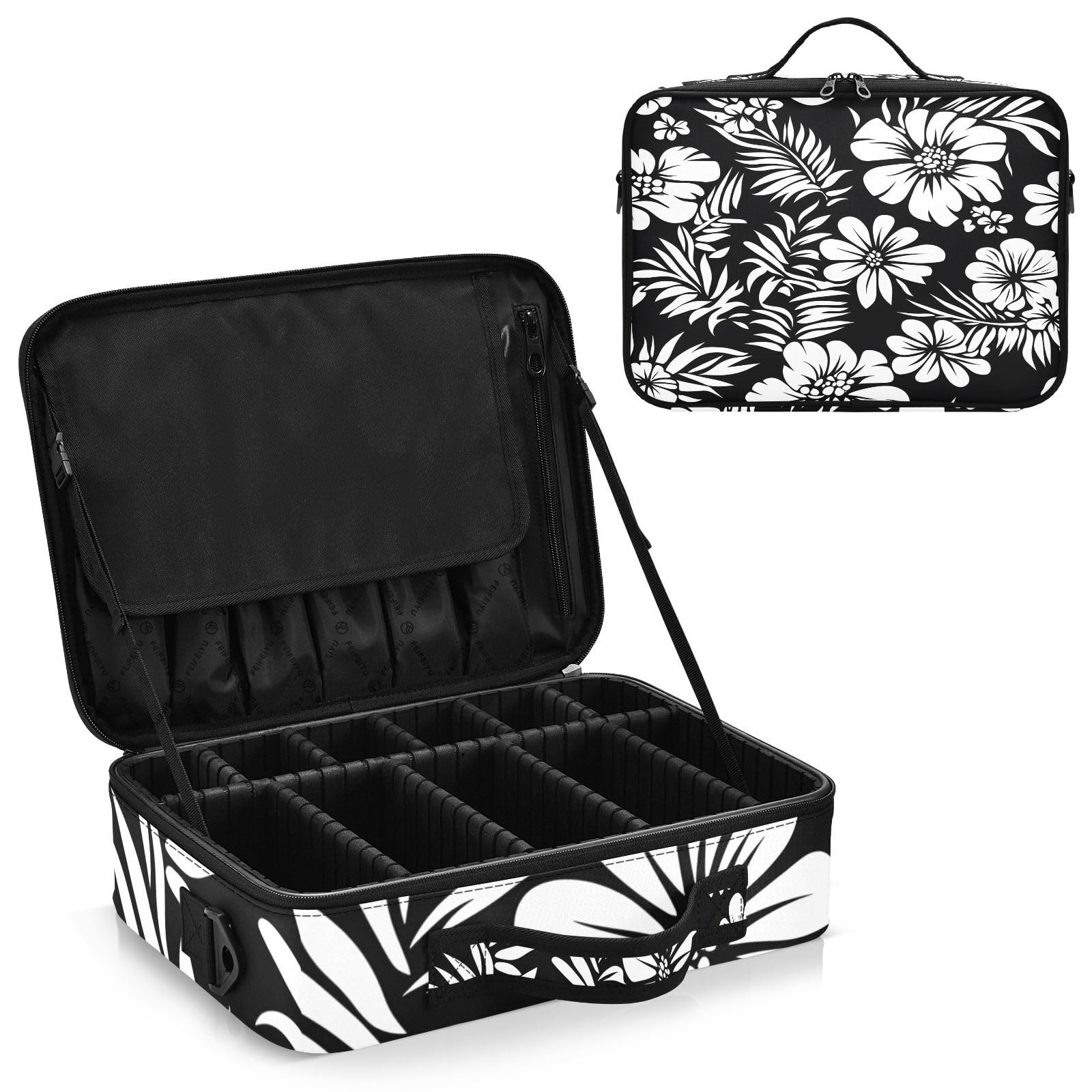zyrtty Travel Makeup Train Case Black White Flower Pattern Cosmetic Organizer Portable Storage Bag with Adjustable Dividers for Cosmetics Brushes Toiletry Jewelry Digital Accessories