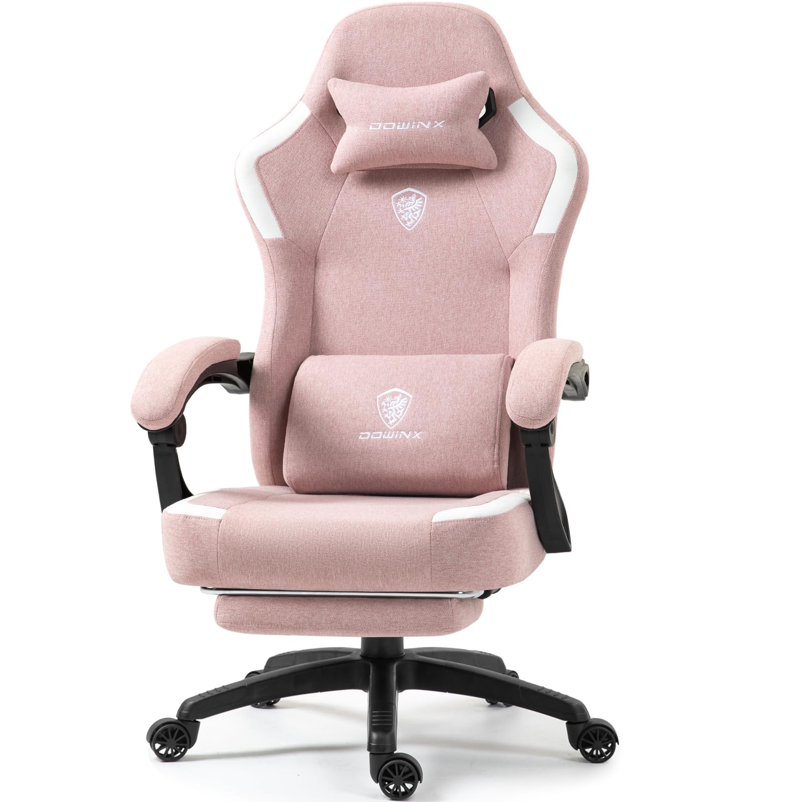 Dowinx Silla de gaming de tela con cojÃn de primavera, sillón para juegos de masaje con reposapiés, silla ergonómica para PC, silla de oficina, soporta hasta 150 kg, color rosa