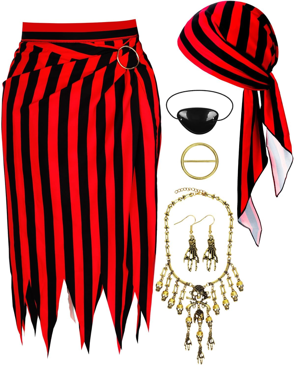 Jansun 6-Piece Pirate Costume Set - Women's Pirate Skirt Dress, Open Design, Adult Head Scarf, Hat, Eye Patch, Skeleton Necklace, Earrings