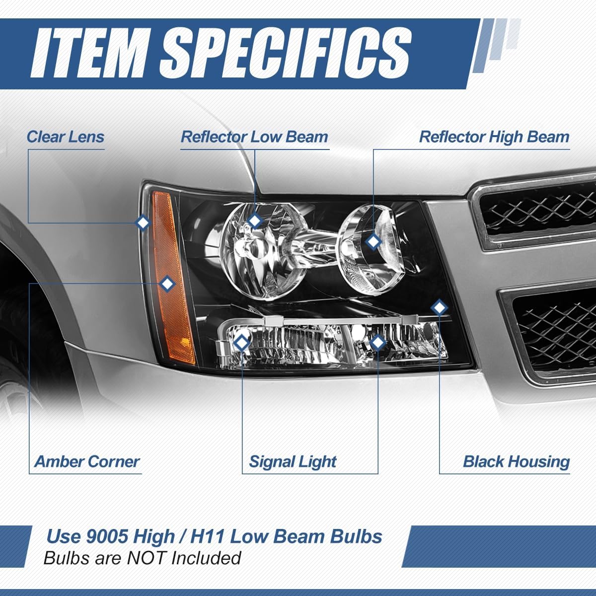 Auto Dynasty GM2503263 Factory Style Halogen Headlight Assembly Compatible with Chevy Avalanche Suburban Tahoe 2007-2014, Passenger Right Side, Black Housing Amber Corner