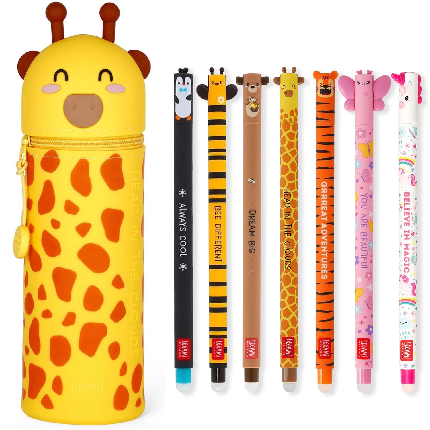 LEGAMI - Set van 7 uitwisbare gelpennen 2-in-1 etui pennenpot - met thermogevoelige wisinkt, inktkleuren en vatontwerpen, 0,7 mm tip, set 2 (pinguïn