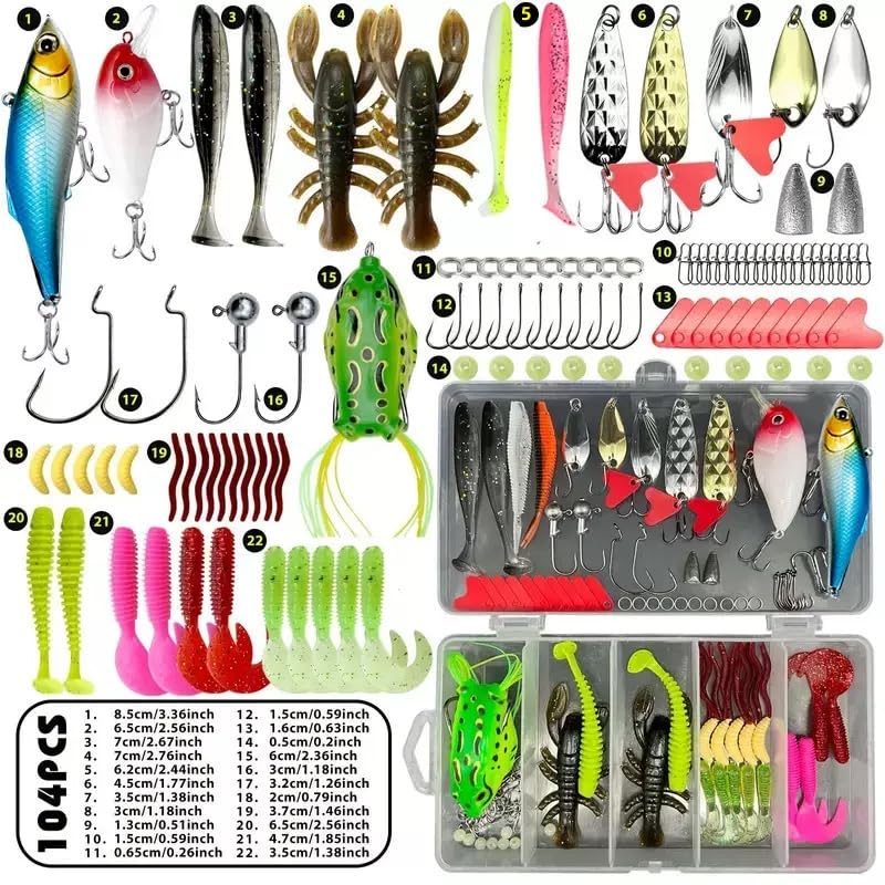 Fishing Lures, 107Pcs Fishing Tackle Box with Handbook, Fishing Gear & Bait Accessories Kit for Freshwater Bass, Ideal Fishing Gifts for Men, Father & Beginners