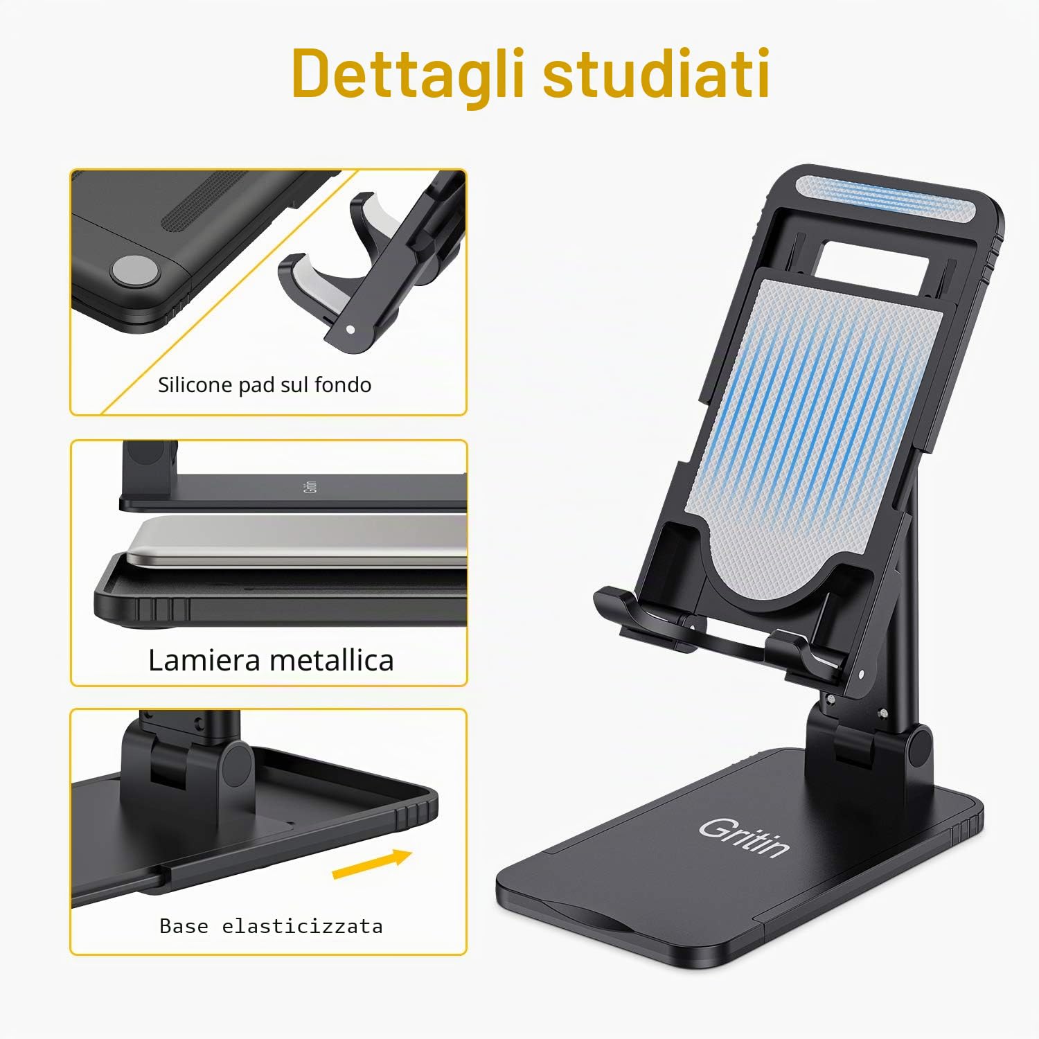 Gritin Supporto Tablet Regolabile Antiscivolo Pieghevole Compatibile iPad 12.9 11 10.5 9.7 Air Mini 2 3 4 Tutti i Tablet 4-12.9"