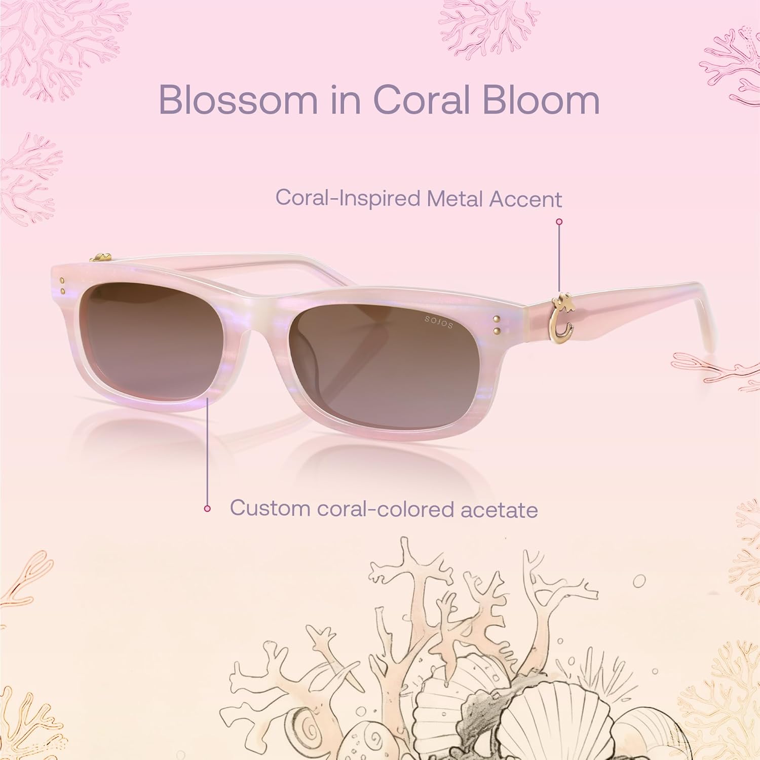 SOJOS Narrow Rectangle Sunglasses for Women, Polarized UV400 Acetate Frame, Retro Classic with Coral Accent, Lace Coral - Image 4