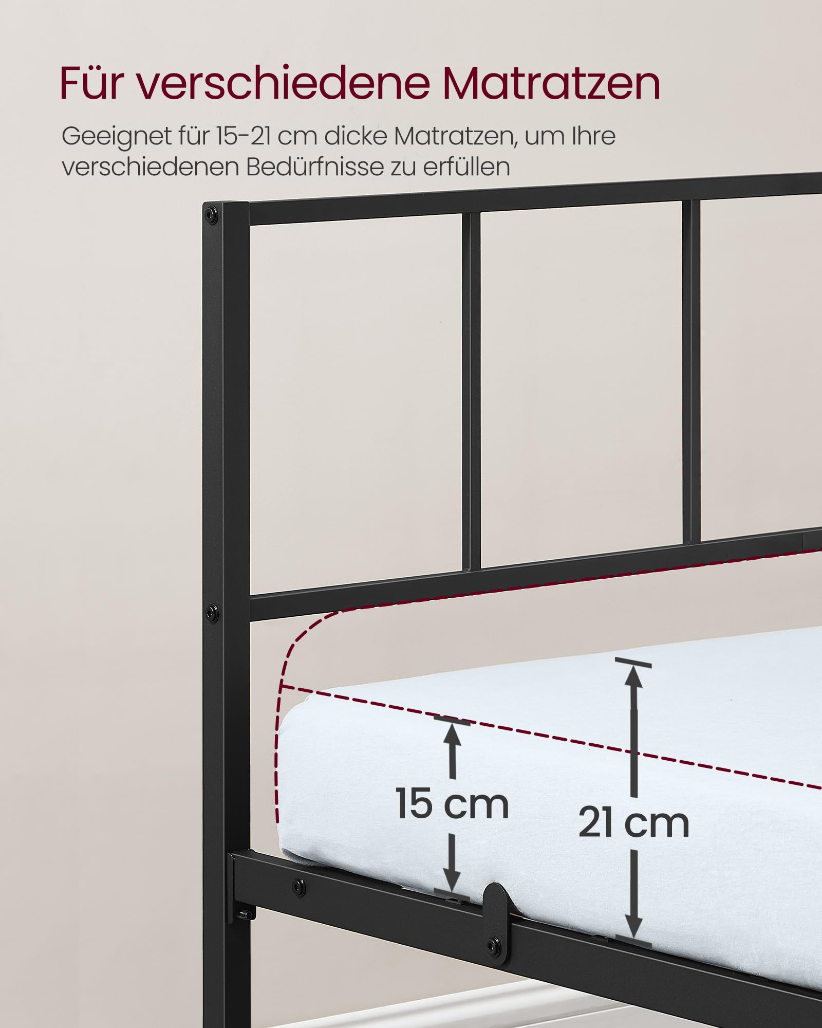 VASAGLE Einzelbettgestell, 90 x 200 cm, Bettrahmen mit Lattenrost, Kopfteil, Bett, aus Metall, bis 250 kg belastbar, einfache Montage, für Schlafzimmer, tintenschwarz RMB292B101