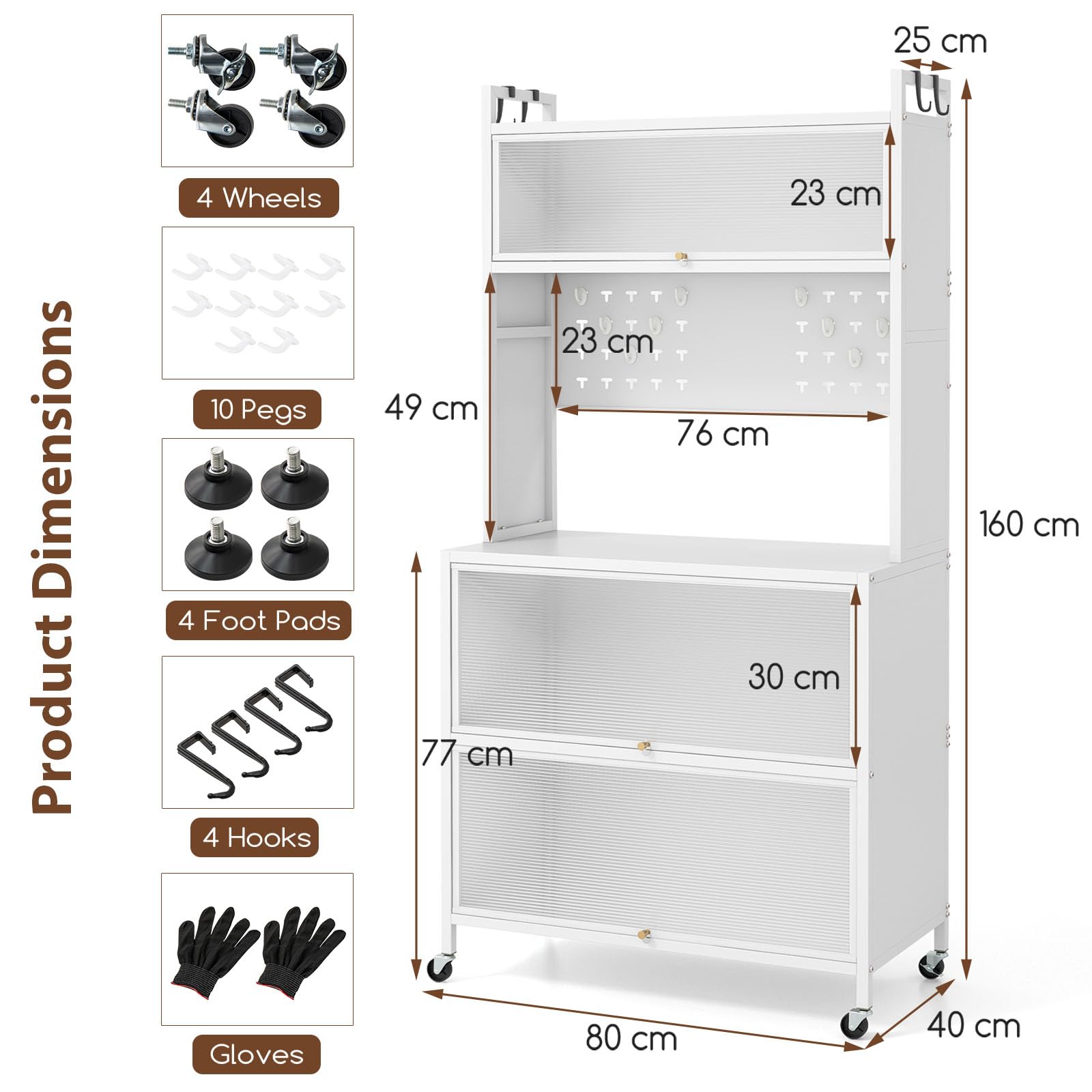 KOMFOTTEU Buffet Haut, 5/6 Niveaux, Meuble Rangement de Cuisine avec 4 Crochets & 10 Chevilles, Étagère de Cuisine en Fer, avec Armoire à Porte, 4 roulettes universelles (80 x 40 x 160 cm, Blanc)