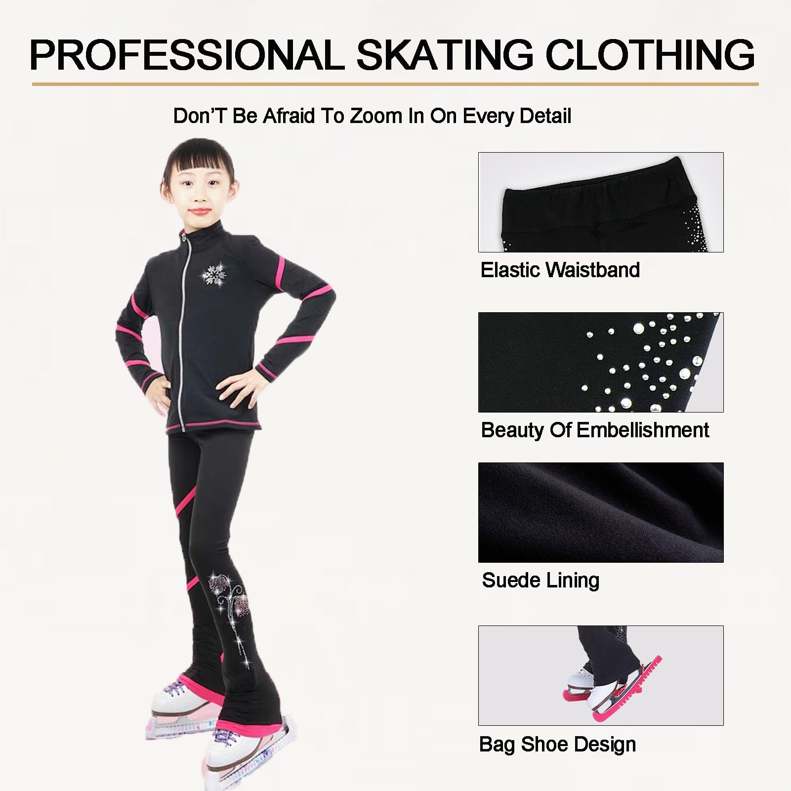 Spodnie do jazdy figurowej, legginsy do jazdy na łyżwach z wysokim stanem i strasami, spodnie treningowe, dziewczęce, damskie, polarowe, ciepłe spodnie do jazdy na łyżwach (czarne, rozmiar S)