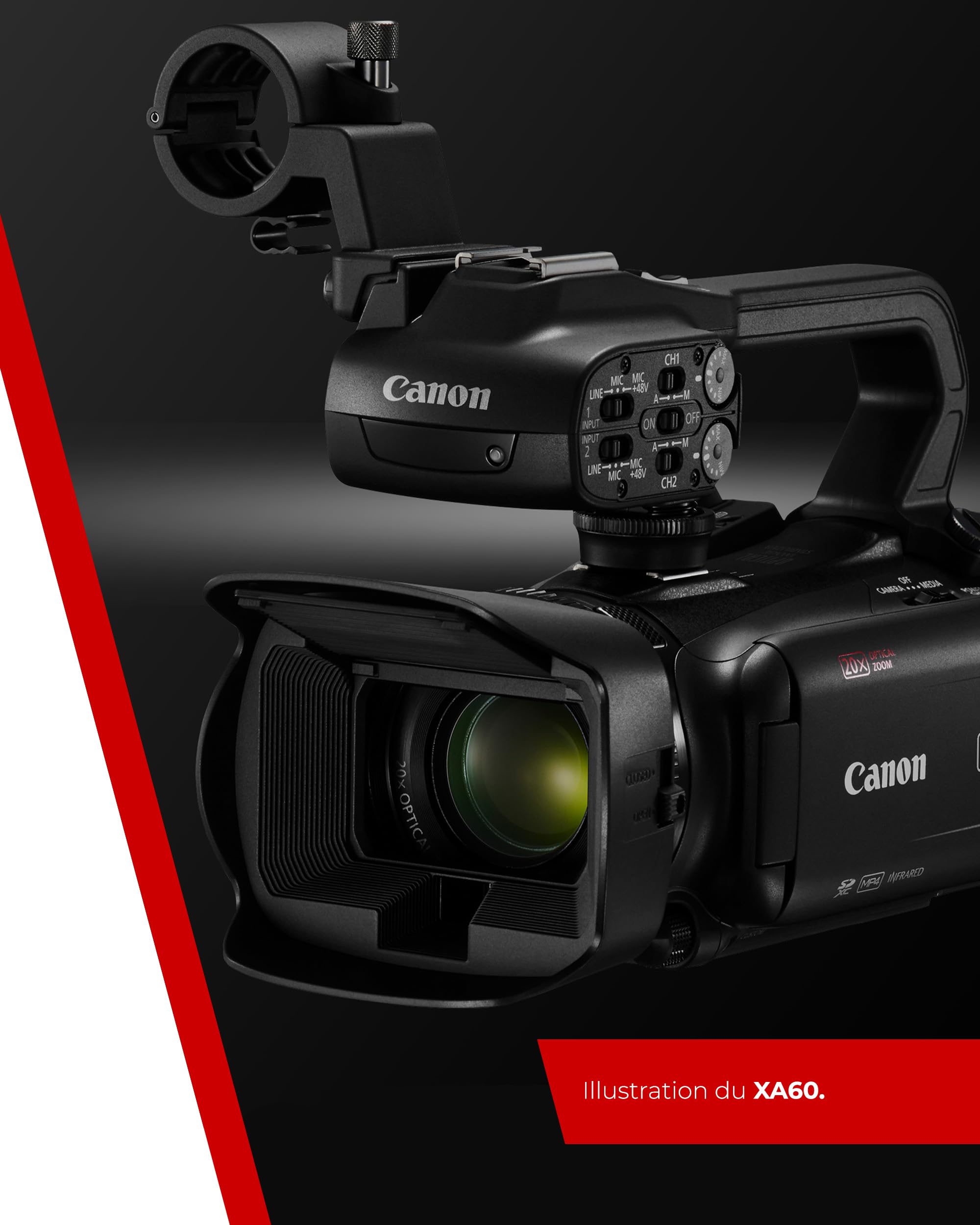 Canon XA60 - Camera 4K avec Autofocus Avancé et Zoom Optique 20x - Camera Professionnelle avec Stabilisation sur 5 Axes, Sortie HDMI et Diffusion HD en Direct en USB-C
