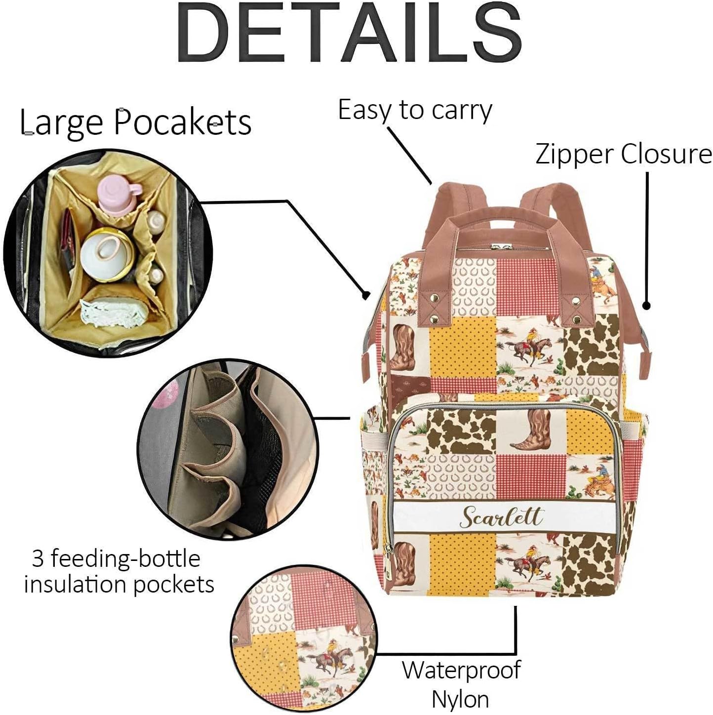 Custom Western Cowboy Baby Diaper Bag with Name – Personalized Nursing Travel Tote Backpack for Mom or Dad, Custom Name Baby Daypack Gift