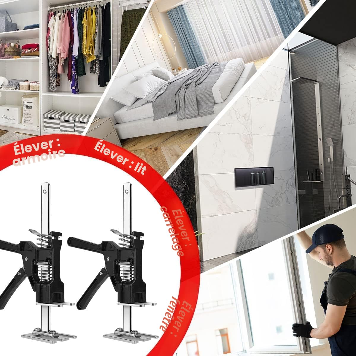 2 Pièces Levage Main Bras - Levage Économiseur de Travail - Bras d'économie de travail jusqu'à 200KG - Régulateur de hauteur pour carrelage,panneaux de bois,portes,fenêtres et armoires(Noir)