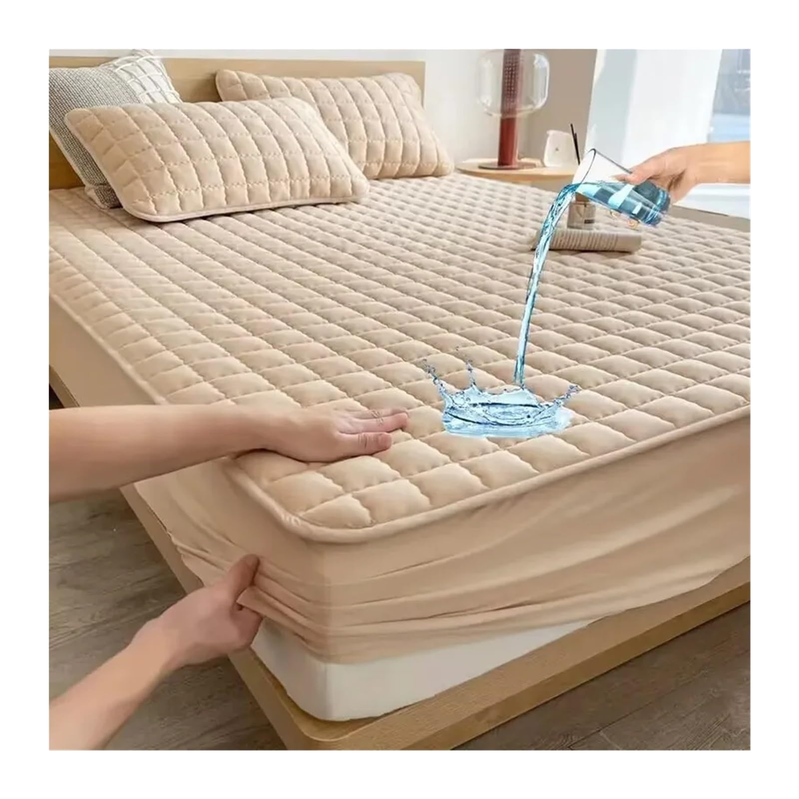 Funda de colchón Impermeable, Protector de colchón con diseño en Relieve, sábana Bajera Ajustable, sin Fundas de Almohada (Caqui, 150x190x30cm)
