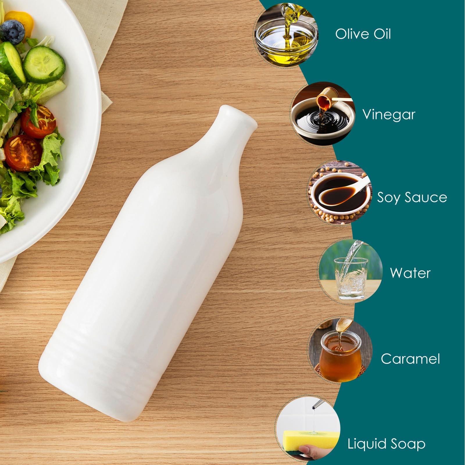 vancasso Dispenser per olio d'oliva, in ceramica, da 590 ml, con beccuccio e imbuto, per cucina, adatto per olio, aceto, sciroppi di caffè e altri liquidi, bianco