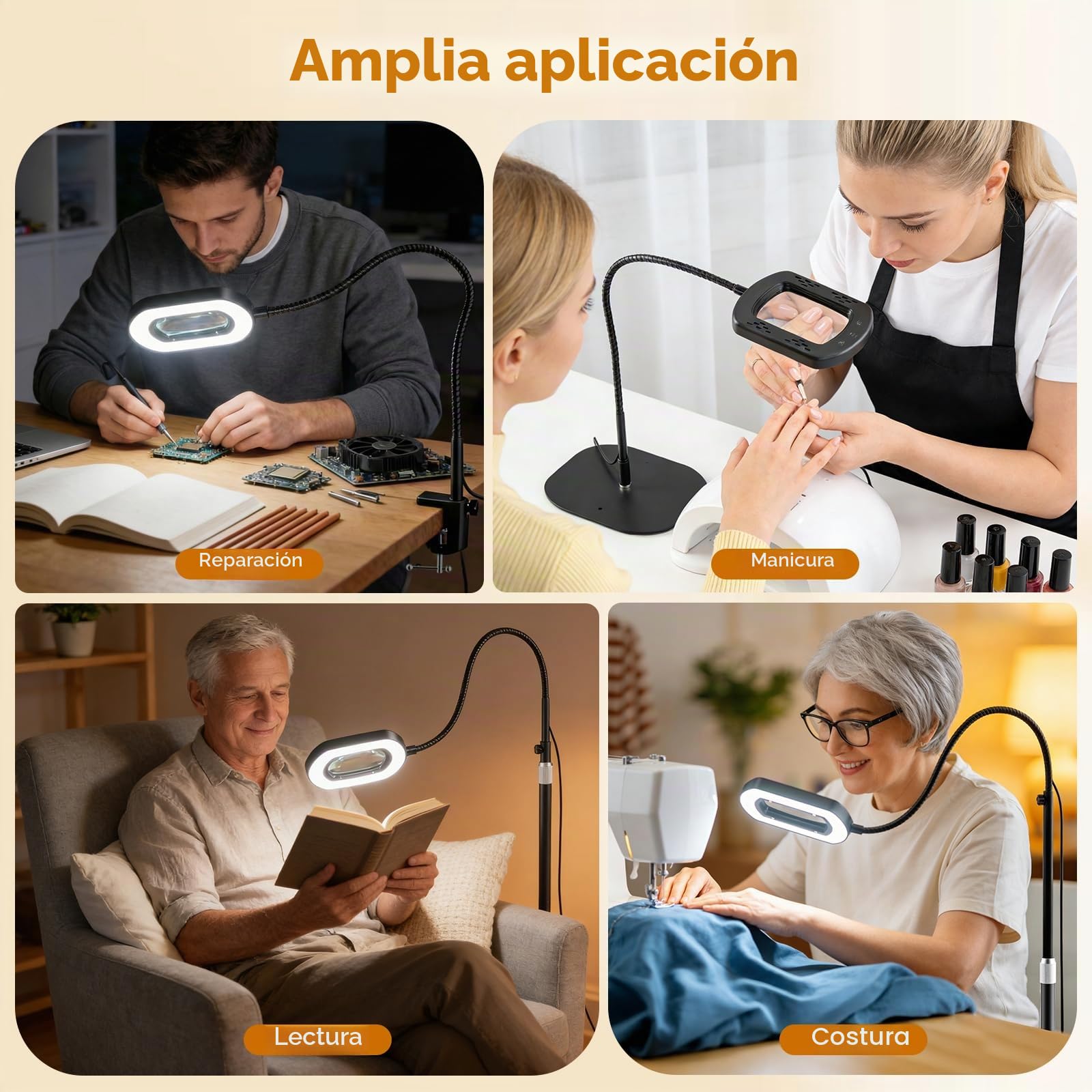 10X Lupa con Luz y Soporte, 3 en 1 Lámpara de Aumento de Piso con 60 LED de Brillo Ajustable, 5 Modos de Color, Lupa Iluminada para Trabajos de Cerca, Costura, Manualidades, Pasatiempos