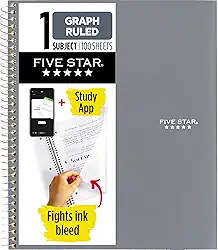 Five Star Caderno espiral + app de estudo, 1 assunto, papel pautado em gráfico, combate o sangramento de tinta, capa resistente à água, 21 cm x 28 cm, 100 folhas, cinza (620000AA3)