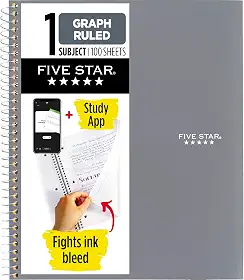 Five Star Caderno espiral + app de estudo, 1 assunto, papel pautado em gráfico, combate o sangramento de tinta, capa resistente à água, 21 cm x 28 cm, 100 folhas, cinza (620000AA3)
