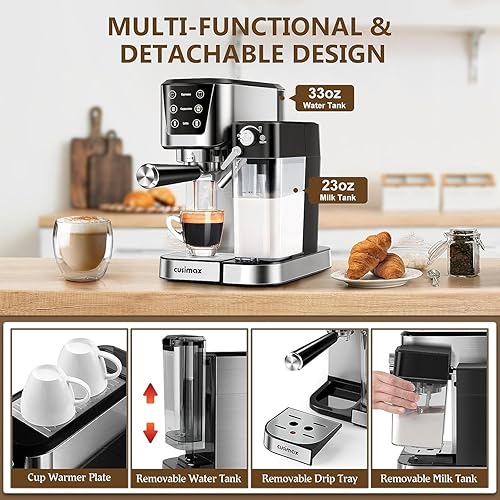 Miniatura 6 de Máquina de café expreso y capuchino de 20 bares, máquina de café con espumador de leche automático, máquina de café expreso en diseño de acero