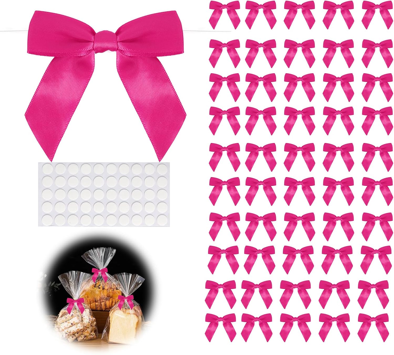 50pcs Hot Pink Twist Tie Bows, 3.5" Satin Ribbon Pre Tied Hot Pink Bow for Gifts Wrapping Treat Bags Candy Card, Mini Ribbon Bows for Crafts Wedding Bridal Baby Shower Birthday Mothers Day Bouquet