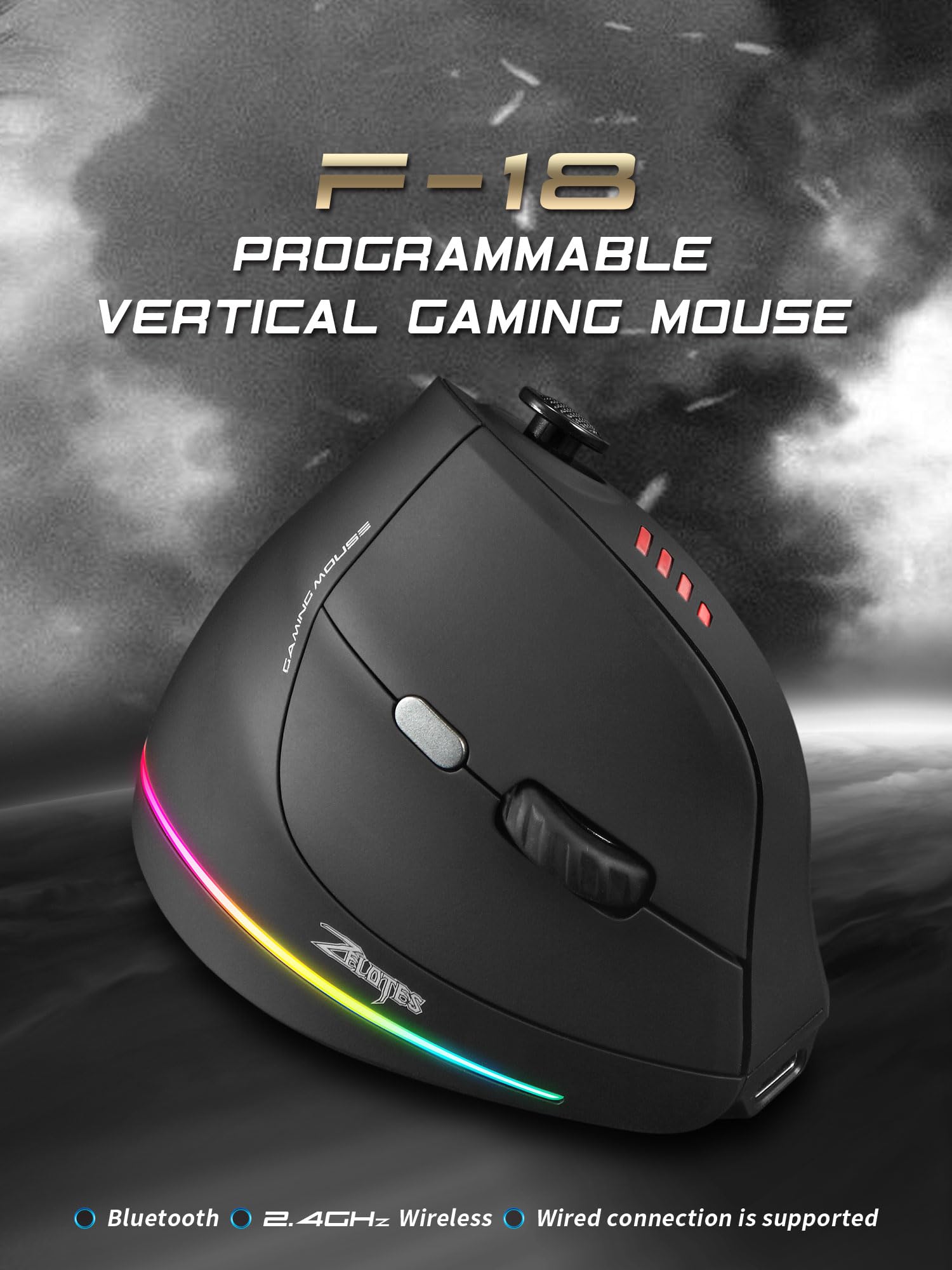 TKMARS Souris Ergonomique sans Fil avec Joystick, Souris Bluetooth Gamer Verticale 12 Boutons Programmables 24000 DPI Réglables, Idéale pour Le Gaming, Le Bureau et Le Travail à Domicile