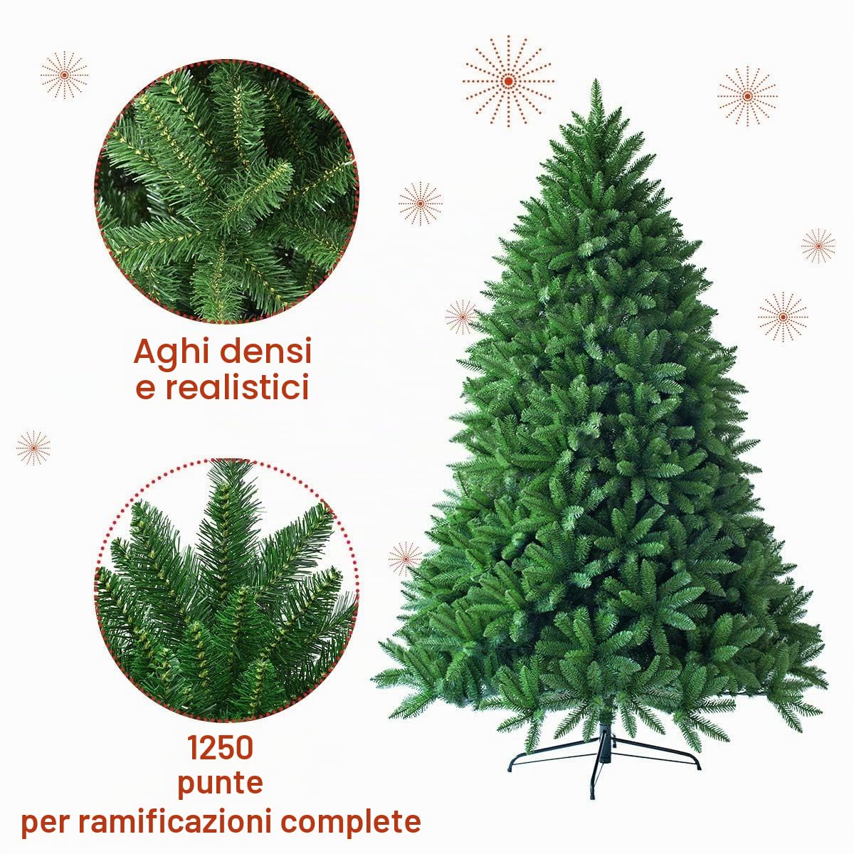 FANTASK - Albero di Natale artificiale, albero in PVC con sistema pieghevole, aghi in PVC con supporto in metallo, ideale per Natale, albero di Natale perfetto per casa, ufficio, negozio (180 cm)