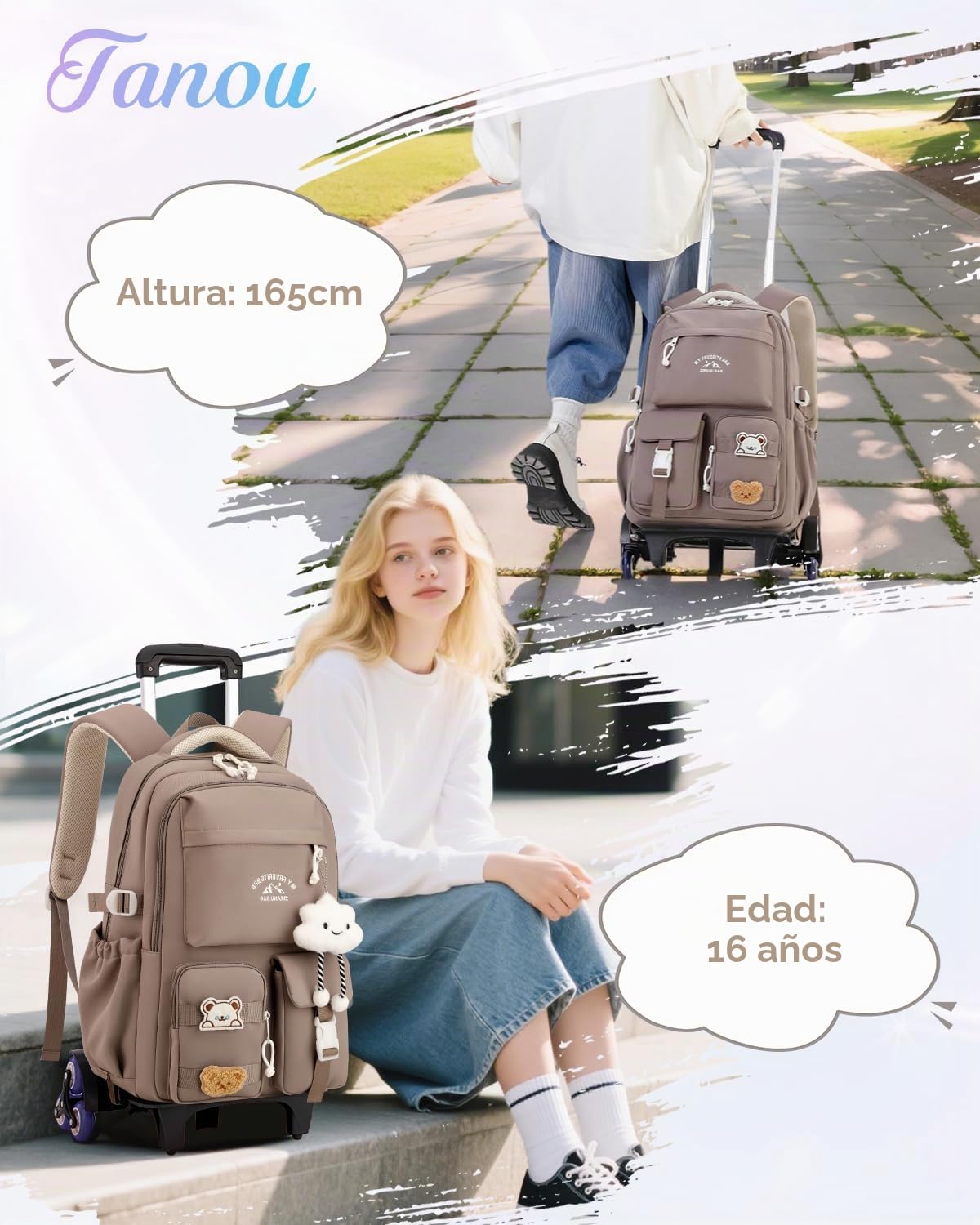 Tanou Mochila Escolar Niña con Ruedas, Mochilas Adolescente Chica con Carro | 30L, Trolley Desmontable Mochila Instituto de Viaje con 6 Ruedas, Marrón